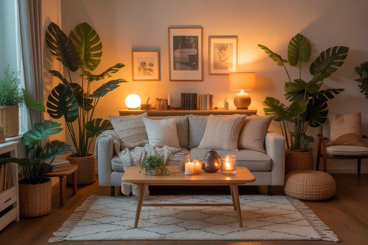 Cozy living room showcasing warm tones and stylish comfort