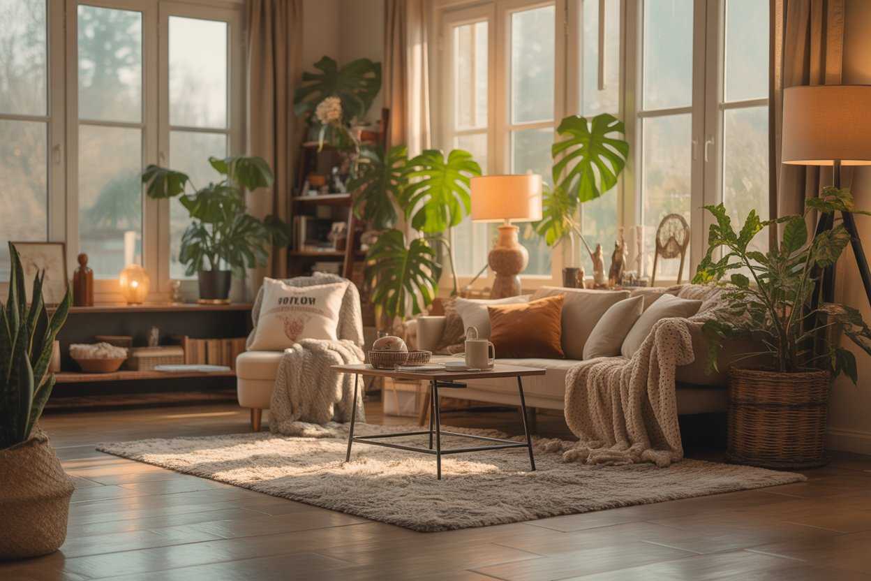 Warm inviting living room scene with cozy decor
