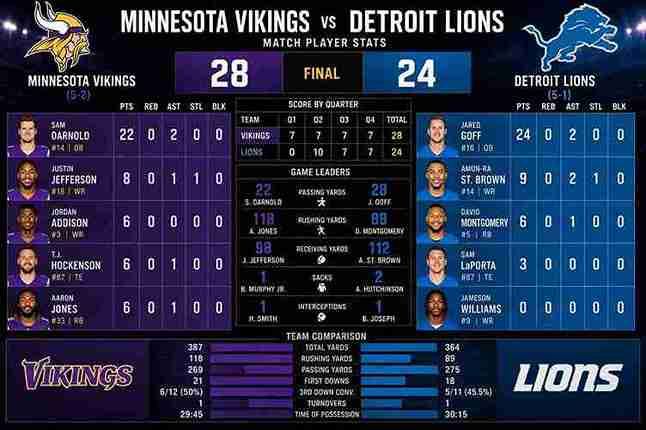 Minnesota Vikings vs Detroit Lions Match Player Stats