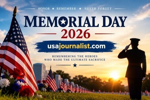 Memorial Day 2026 tribute featuring the American flag, military cemetery, and a saluting soldier at sunrise.